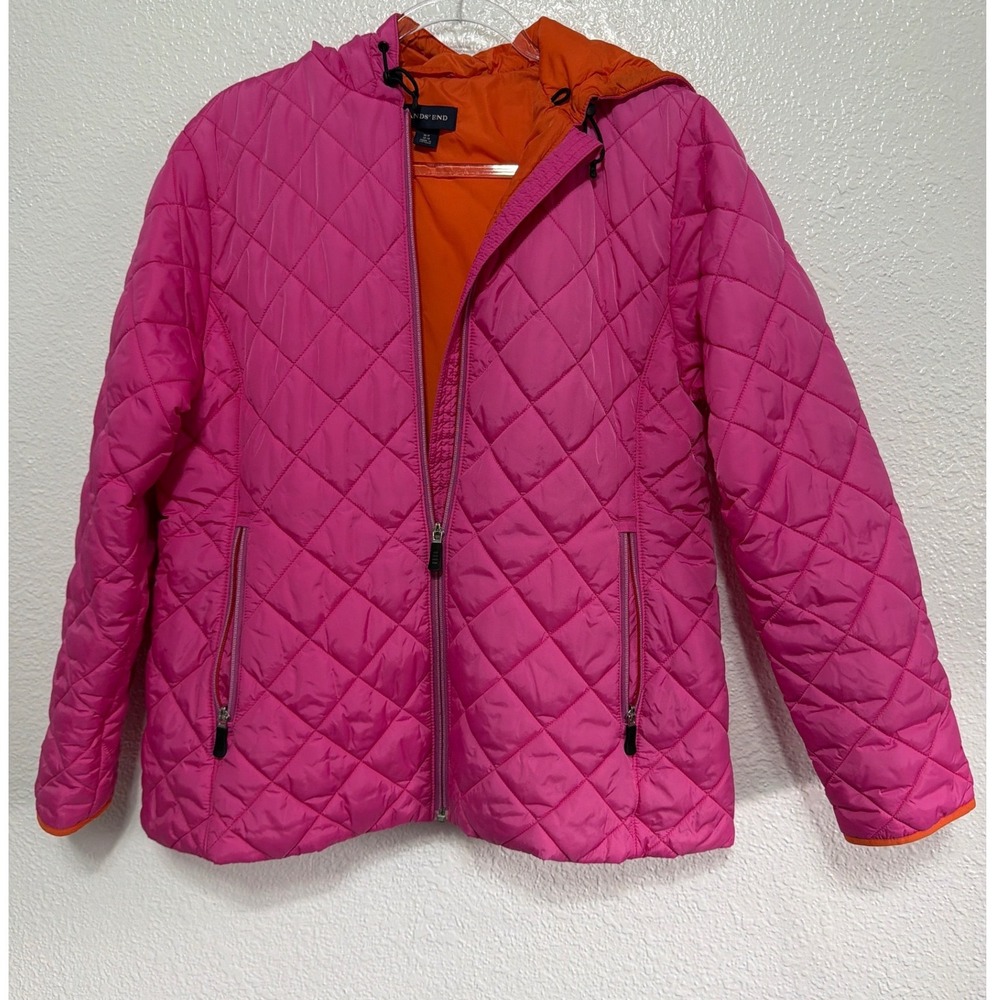 Lands End Pink Quilted Hooded Puffer Jacket Orange Lining Womens Medium 10-12